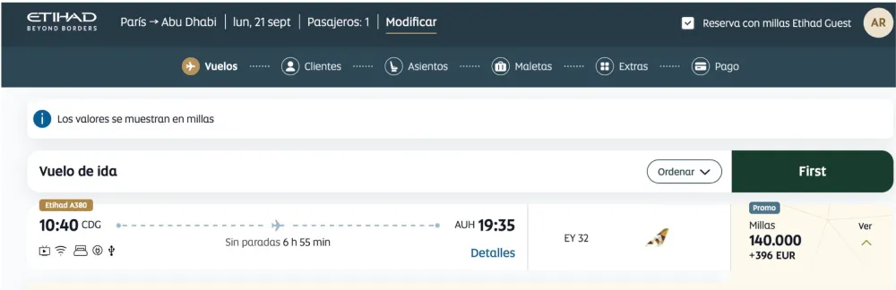 Reserva de Etihad en First Class París–Abu Dabi por 140.000 millas más 396 €
