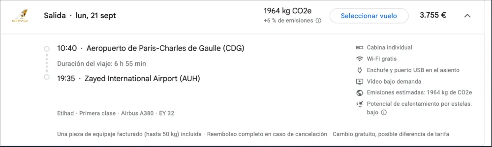 Tarifa comercial del mismo vuelo en First Class de Etihad: 3.755 €
