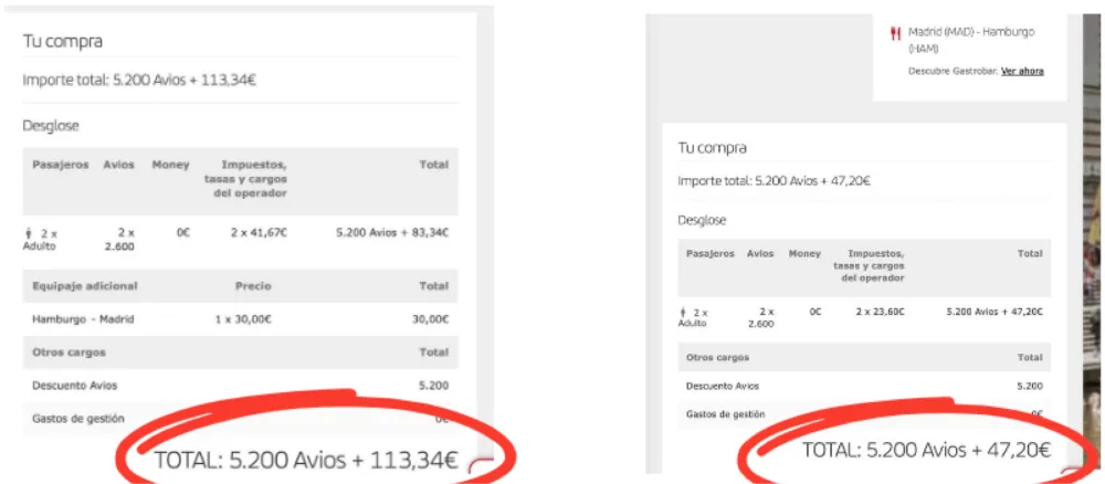 Resumen de compra de Iberia: dos billetes de 5.200 millas más 113,34 € y 47,20 € de tasas
