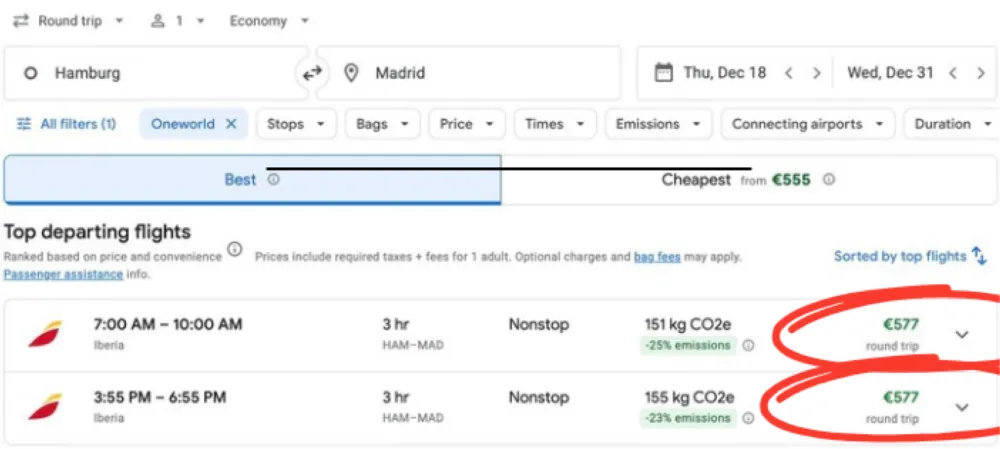 Google Flights: el mismo vuelo Hamburgo–Madrid a 577 € por persona