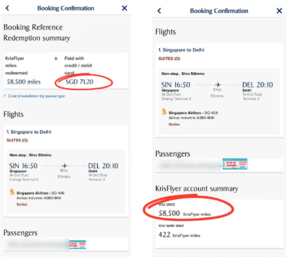 Confirmación de Singapore Airlines: Suites Singapur–Delhi por 58.500 millas KrisFlyer más SGD 71,20
