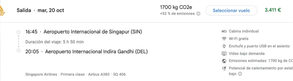 Tarifa comercial del mismo vuelo en First Class de Singapore Airlines: 3.411 €